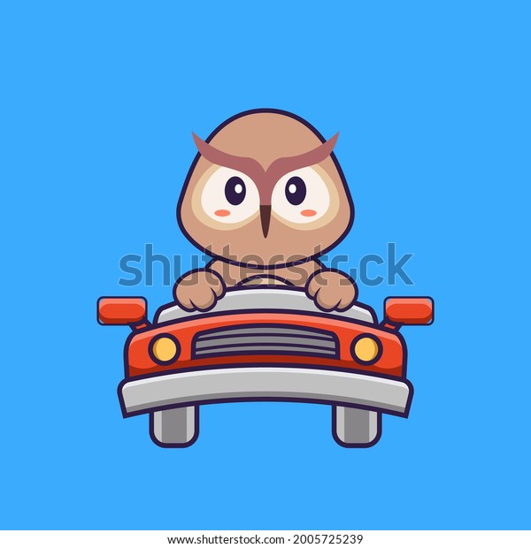 Cute\
owl is driving. Animal cartoon concept isolated. Can used for\
t-shirt, greeting card, invitation card or\
mascot.