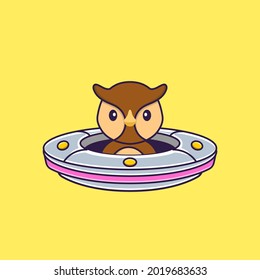 Cute owl Driving Spaceship Ufo. Animal cartoon concept isolated. Can used for t-shirt, greeting card, invitation card or mascot.