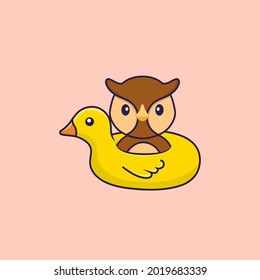 Cute owl With Duck buoy. Animal cartoon concept isolated. Can used for t-shirt, greeting card, invitation card or mascot.