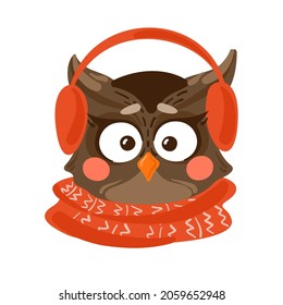 Cute owl with earmuffs and red scurf. Cute Christmas animal illustration.  Vector illustration. 