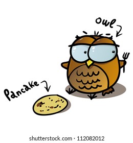 cute owl eating pancake with folk