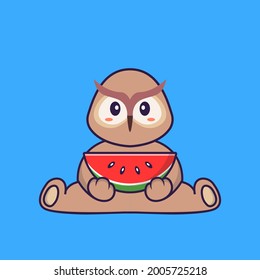 Cute owl eating watermelon. Animal cartoon concept isolated. Can used for t-shirt, greeting card, invitation card or mascot.