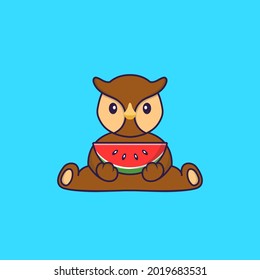 Cute owl eating watermelon. Animal cartoon concept isolated. Can used for t-shirt, greeting card, invitation card or mascot.