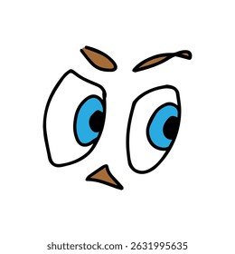 Cute owl emoji with big side eye look. Hand drawn doodle kawaii.