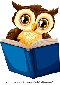 Cute owl engrossed in reading a blue book