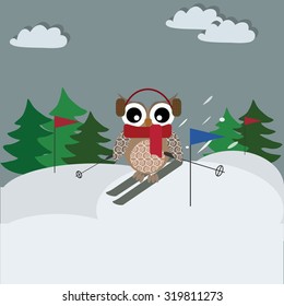 Cute owl enjoying skiing in a winter mountain. Vector illustration. Background with winter trees and clouds