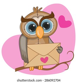 Cute Owl in with envelope on a heart background
