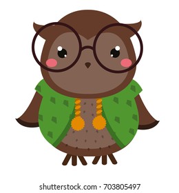 Cute owl in eyeglasses. Cartoon kawaii animal character. Vector illustration for kids and babies fashion.