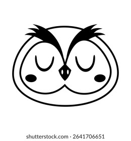 Cute owl face, black and white isolated cartoon doodle. Woodland bird hand drawn vector illustration in flat style