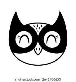 Cute owl face, black and white isolated cartoon doodle. Woodland bird hand drawn vector illustration in flat style