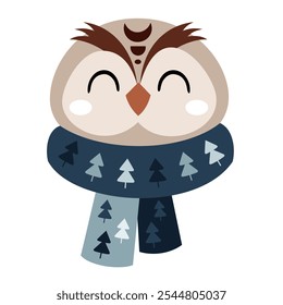 Joli chouette visage clip art. Caractère hivernal. Illustration vectorielle dessinée à la main à plat