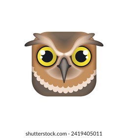 Cara de búho, cabeza de ave cómica en forma cuadrada para botón de aplicación móvil, ilustración de vector avatar animal