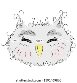 Cute owl face in a floral frame with a bow, owl, design, trendy, gray, pink