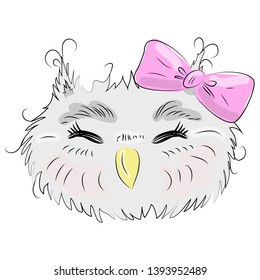 Cute owl face in a floral frame with a bow, owl, design, trendy, gray, pink