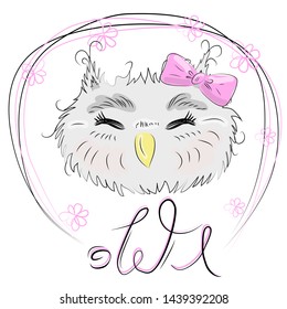 Cute owl face in a floral frame with a bow, owl, design, trendy, gray, pink