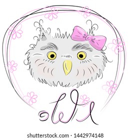 Cute owl face in a floral frame with a bow, owl, design, trendy, gray, pink