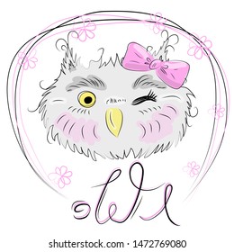 Cute owl face in a floral frame with a bow, owl, design, trendy, gray, pink