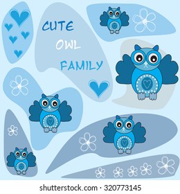 cute owl family with hearts and flowers vector illustration