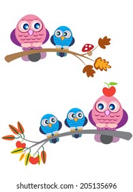 Cute owl family, mother and children, sitting on branch with apples and mushroom, autumn seasons. Cartoon vector illustration, isolated. May be used for a print, invitation, or whatever you like.