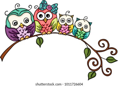 Cute owl family on a branch
