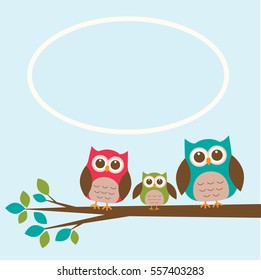 Cute owl family on branch with place for text. Vector illustration