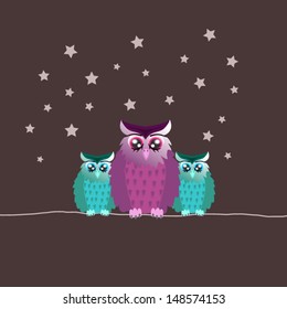 cute owl family sitting on a line decorated with silver stars