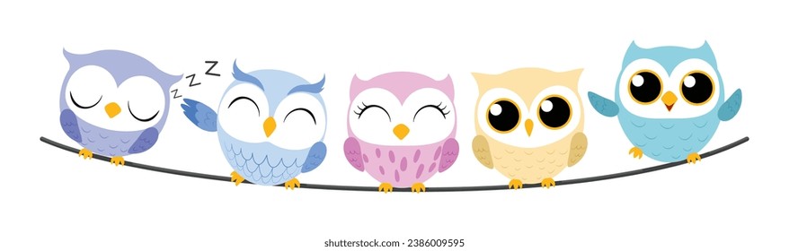 Cute Owl family sitting on wire, isolated on white background