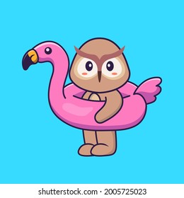 Cute owl With flamingo buoy. Animal cartoon concept isolated. Can used for t-shirt, greeting card, invitation card or mascot.