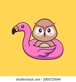 Cute owl With flamingo buoy. Animal cartoon concept isolated. Can used for t-shirt, greeting card, invitation card or mascot.