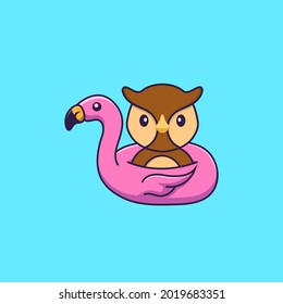 Cute owl With flamingo buoy. Animal cartoon concept isolated. Can used for t-shirt, greeting card, invitation card or mascot.