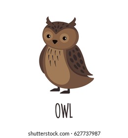 Cute Owl in flat style isolated on white background. Vector illustration. Forest animal. Cartoon owl.