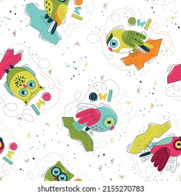 Cute owl in flat style - seamless pattern. Vector illustration in Scandinavian style. Concept for children, baby print.