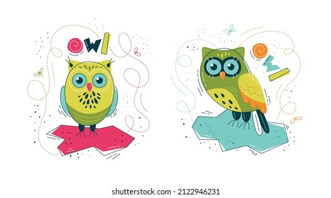 Cute owl in flat style - set of prints. Vector illustration in Scandinavian style. Concept for children, baby print.
