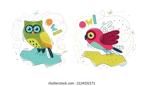 Cute owl in flat style - set of prints. Vector illustration in Scandinavian style. Concept for children, baby print.