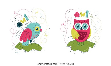 Cute owl in flat style - set of prints. Vector illustration in Scandinavian style. Concept for children, baby print.