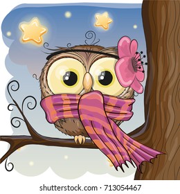 Cute Owl with flower and scarf on a brunch
