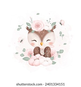 Cute Owl with Flowers and Butterflies