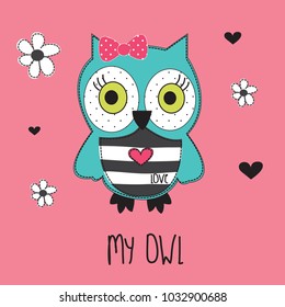 cute owl with flowers vector illustration