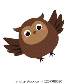 Cute owl fly. Cartoon forest bird isolated on white. Wild little hog