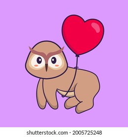 Cute owl flying with love shaped balloons. Animal cartoon concept isolated. Can used for t-shirt, greeting card, invitation card or mascot.