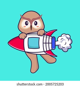 Búho lindo volando sobre un cohete. El concepto de caricatura animal aislado. Puede usarse para camisetas, tarjetas de felicitación, tarjetas de invitación o mascota.