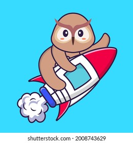 Cute owl flying on rocket. Animal cartoon concept isolated. Can used for t-shirt, greeting card, invitation card or mascot.