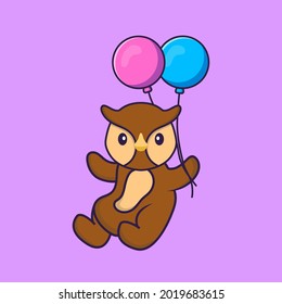 Cute owl flying with two balloons. Animal cartoon concept isolated. Can used for t-shirt, greeting card, invitation card or mascot.