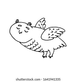 Cute owl, forest bird design element. Сoncept nature, wildlife. Hand drawn vector illustration in doodle style outline drawing isolated on white background.