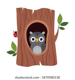 Cute Owl as Forest Habitant Peeped Out from Tree Hollow Vector Illustration