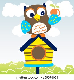 cute owl with a fruit on the cage, vector cartoon illustration