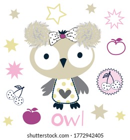 cute owl with fruits vector illustration