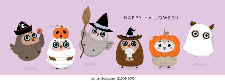 Cute owl with ghost, pirate and witch costume. Little bird in Halloween party. Animal holidays cartoon character. -Vector