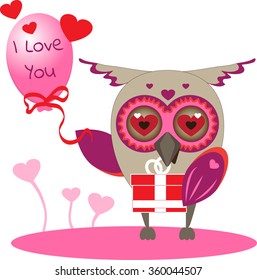 Cute owl with gift and balloon