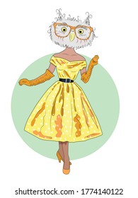 cute owl girl in a 60s dress and gloves, a sophisticated lady, fluffy art illustrations, fashion animals